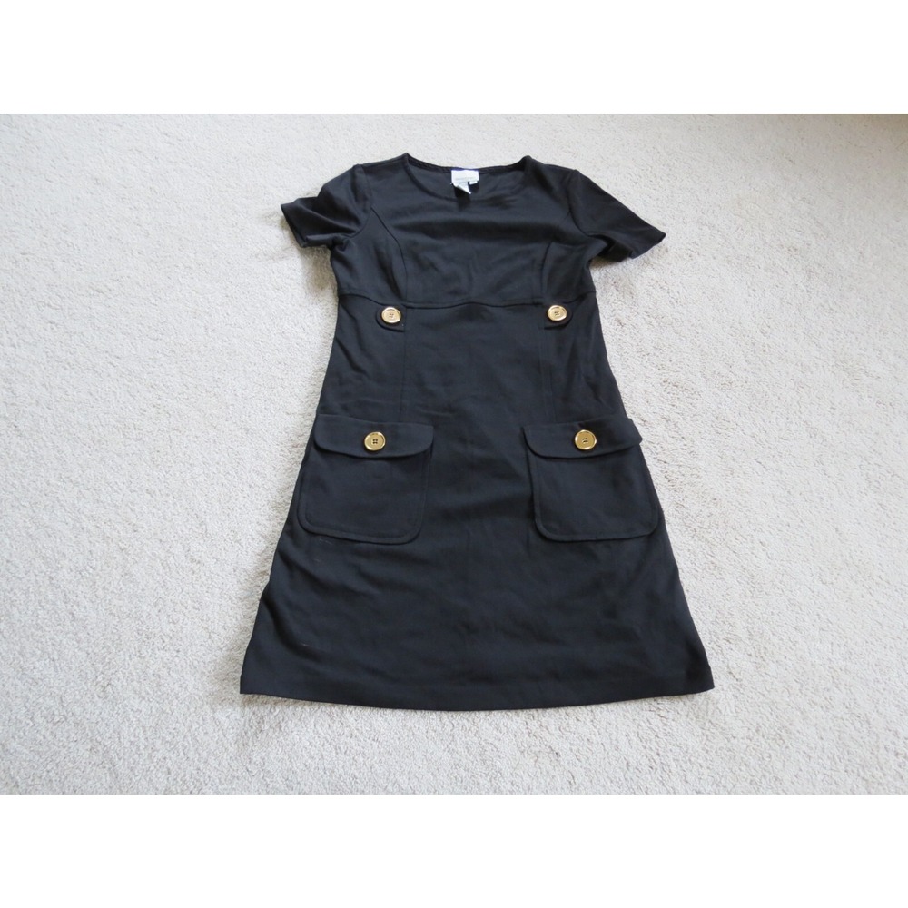 Donna Morgan Black Short Sleeve Shift Dress Gold Button Pockets Size 12